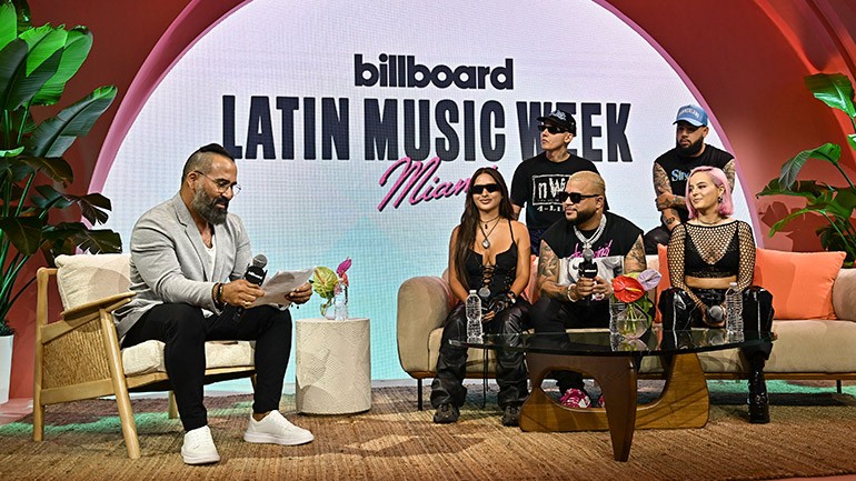 (L-R bottom) BMI’s Jesus Gonzalez, Cris Chil, Dímelo Flow, Kuinvi and (L-R top) Sky Rompiendo and Foreign Teck during the ‘How I Wrote That Song: The Producers’ panel at Billboard Latin Music Week in Miami on Monday, September 26, 2022.