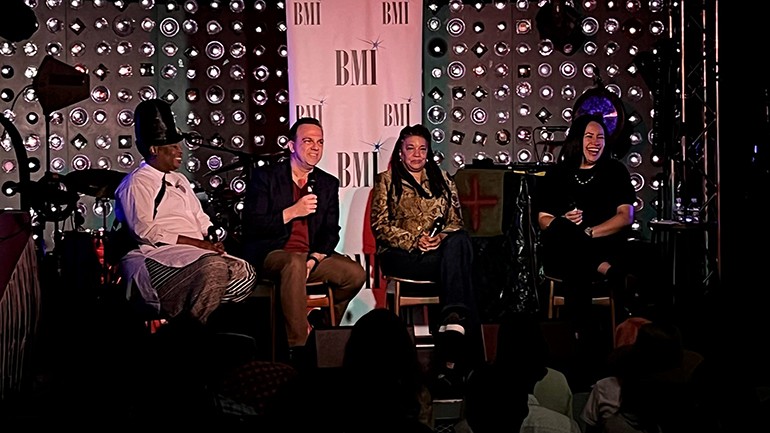 BMI’s Senior VP, Creative Alex Flores (R) moderates Tribeca Talks: The Art and Business of Scoring for Film, TV, & Visual Media with BMI composers Tamar-kali (L), Carlos Rafael Rivera, and Kathryn Bostic at Tribeca Festival’s Music Lounge at Baby’s All Right in Williamsburg, Brooklyn.