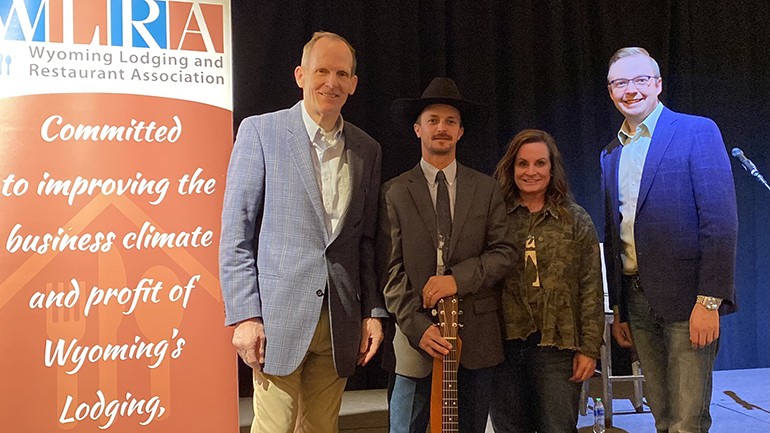 Pictured (L-R) before BMI songwriter Sam Munsick hit the stage at the Wyoming Governor’s Hospitality and Tourism Conference are BMI’s Dan Spears, BMI songwriter Sam Munsick, WLRA Meetings & Events Coordinator Christi Anderson, and WRLA Education Director Tate Bauman.