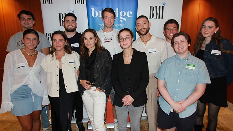 Pictured (L-R Top Row) are songwriters Noah Richardson, David Bakhash, Retrograded, Rich Tuorto, Jake Marsh and Aria Lisslo. (Bottom Row): songwriters Bella DeNapoli and Jamie Gelman, BMI songwriter and briidge founder Kara DioGuardi, the briidge’s Emilie Ricciardi and songwriter Sid Static.