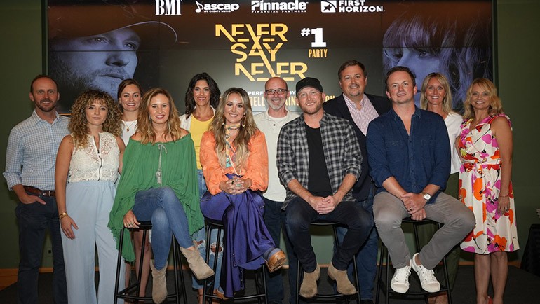 Pictured (L-R) at the “Never Say Never” No. 1 Party are Sony ATV’s Rusty Gaston, Red Light Management’s Mandelyn Monchick, Warner Chappell’s Jessie Stevenson, ASCAP songwriter Jessi Alexander, KP Entertainment’s Kerri Edwards, Lainey Wilson, UMG Publishing’s Terry Wakefield, BMI songwriter Cole Swindell, BMI’s Mason Hunter, BMI songwriter Chase McGill, WMN’s Kristen Williams, and ASCAP’s Kele Currier.