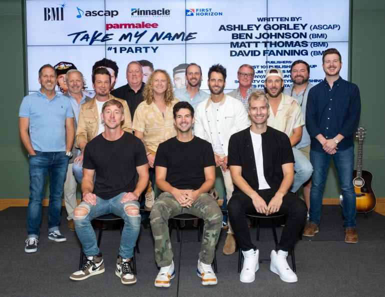 Pictured (L-R top row): BBRMG’s Jon Loba,Round Hill’s Mike Whelan, ASCAP’s Mike Sistad, Sony ATV’s Rusty Gaston, Reservoir’s John Ozier, Tape Room’s Blain Rhodes, and BMI’s Josh Tomlinson. (L-R middle row): Parmalee’s Josh McSwain, Barry Knox, Matt Thomas and Scott Thomas. (L-R, bottom row): songwriter Ashley Gorley, and BMI songwriters Ben Johnson and producer David Fanning.