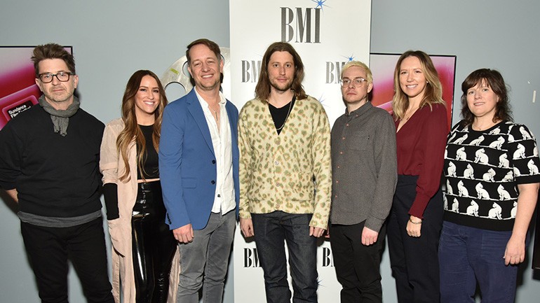 (L-R) BMI composers Ryan Rumery, Niki and Zack Hexum, Ludwig Göransson, Jordan Dykstra, Lauren Culjak and Heather McIntosh gather for a photo before the BMI composer roundtable “Music & Film: The Creative Process” at the Sundance Film Festival in Park City, Utah on January 24, 2023. 