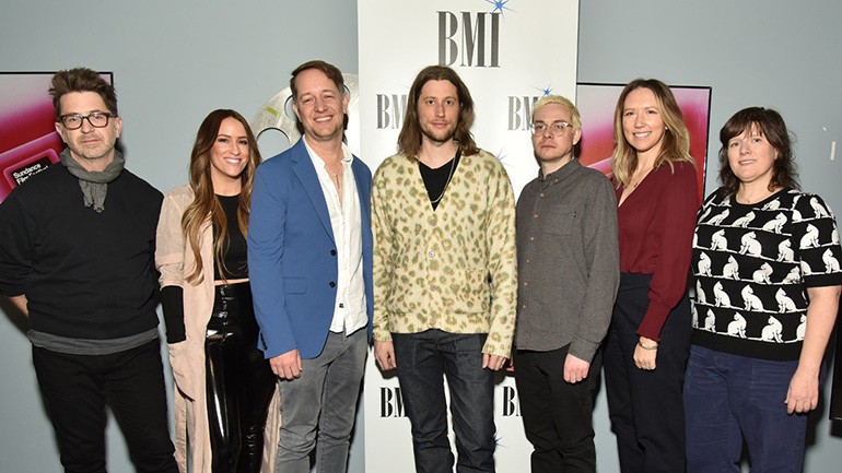 (L-R) BMI composers Ryan Rumery, Niki and Zack Hexum, Ludwig Göransson, Jordan Dykstra, Lauren Culjak and Heather McIntosh gather for a photo before the BMI composer roundtable “Music & Film: The Creative Process” at the Sundance Film Festival in Park City, Utah on January 24, 2023.