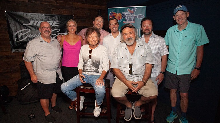 Back Row: BMI’s Bruce Esworthy, Texas Roadhouse’s Michele Bishop, BMI’s Mason Hunter, Ram’s Head Group’s Kyle Muehlhauser, HD Radio’s Joe D’Angelo, and BMI’s Dan Spears. Front Row: BMI Songwriters Even Stevens and Kostas at the Key West Theater