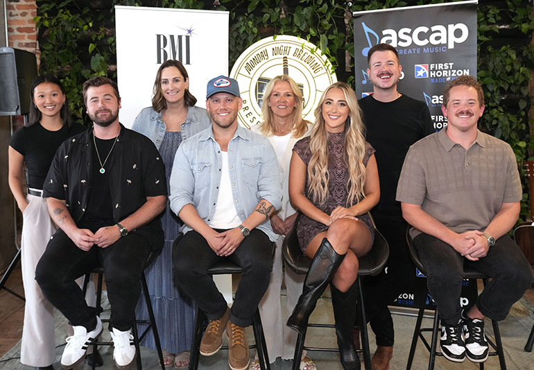 Photo Back Row L-R: BMI’s Lilly Brown, BMI’s MaryAnn Keen, BMI’s Leslie Roberts, BMI’s Josh Tomlinson; Front Row L-R: Jimmy Robbins (Producer), Jordan Minton (BMI), Ashley Cooke (BMI), Mark Trussell (ASCAP).