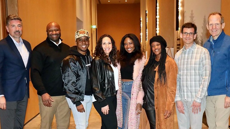 Pictured before the BMI songwriter performance at the AH&LA Foundation Executive Leadership Academy in Nashville (L to R): AH&LA CEO Chip Rogers, BMI’s Shannon Sanders, BMI songwriter Michael Warren, AH&LA Foundation President Anna Blue, O.N.E. the Duo’s Prana Supreme Diggs and Tekitha Washington, BMI’s David Levin and Dan Spears.