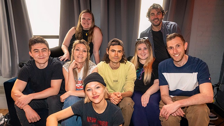 [Front] Grace VanderWaal, [Center from left] Lucas Sim, BMI’s Samantha Cox, Andrew Maury, Heather Sommer, Danny Ross, [Back from left] BMI’s Katie Kilgallen and Tim Pattison attend BMI Sessions at Anti Social Camp at Invite Only Studios on June 14, 2023.