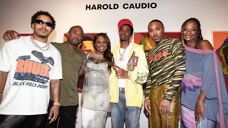 [L-R] Justin Combs, BMI’s Byron Wright and Catherine Brewton, BMI songwriter King Combs, and BMI’s Reggie Stewart and Sandye Taylor attend LVMH North America’s Culture House Reception Party co-presented by BMI and Moët Hennessy in Miami, FL on December 9, 2023.