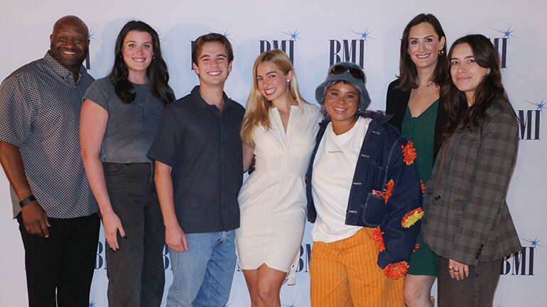 (L-R): BMI’s Shannon Sanders, BMI’s Lauren Wilkinson, BMI’s Jackson Kiger, Addison Rae (BMI), Tayla Parx (BMI), BMI’s MaryAnn Keen, BMI’s Claire Dodelin.