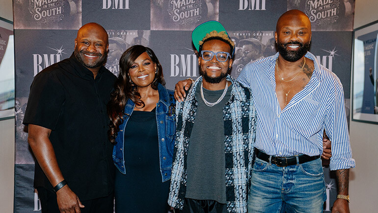 BMI’s Shannon Sanders, BMI’s Catherine Brewton, Travis Greene, BMI’s Wardell Malloy attend Greene’s <em>Made in the South</em> CD listening party at BMI’s Nashville office on August 15, 2025.