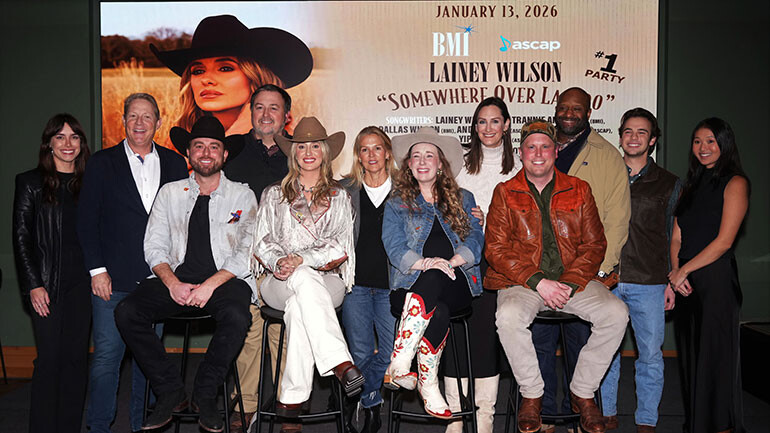 Photo Back Row L-R: BMI’s Claire Dodelin, BMI’s Clay Bradley, BMI’s Mason Hunter, BMI’s Leslie Roberts, BMI’s MaryAnn Keen, BMI’s Shannon Sanders, BMI’s Jackson Kiger, BMI’s Lilly Brown; Front Row L-R: Dallas Wilson (BMI), Lainey Wilson (BMI), Trannie Anderson (BMI), Andy Albert (ASCAP).