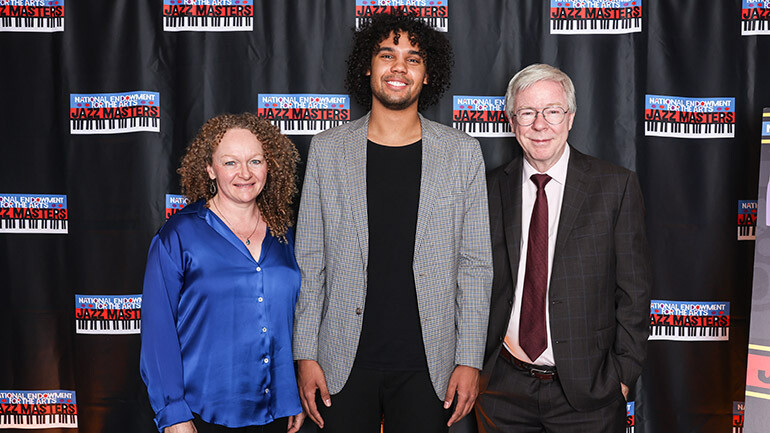 L-R: BMI Foundation President Deirdre Chadwick, 2025 BMI Future Jazz Masters Award Winner Anton Kot, BMI Senior Director of Musical Theatre & Jazz Patrick Cook.