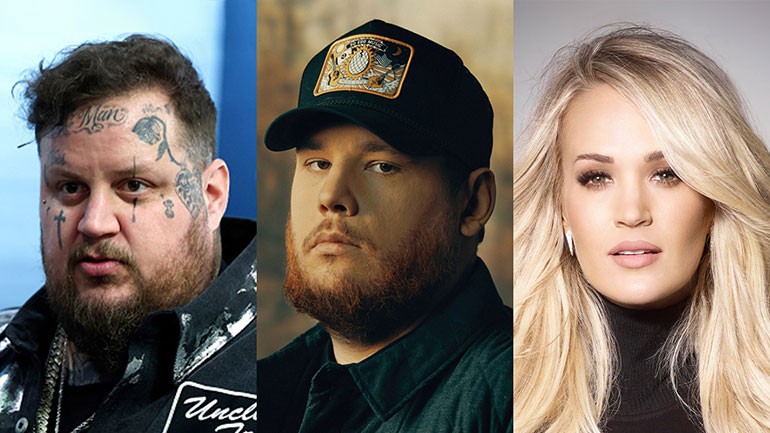 (L-R) Jelly Roll, Luke Combs and Carrie Underwood