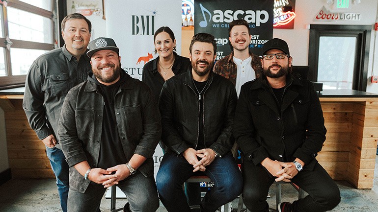 Back Row (L-R): BMI’s Mason Hunter, BMI’s MaryAnn Keen, BMI’s Josh Tomlinson; Front Row (L-R): Mitchell Tenpenny (BMI), Chris Young (BMI), Chris DeStefano (ASCAP)