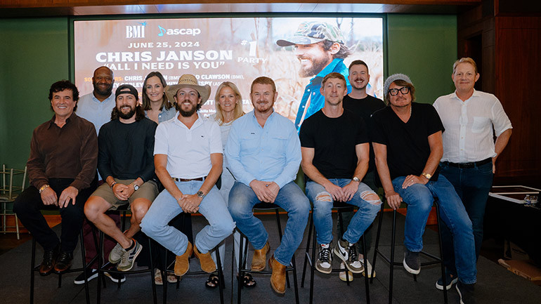 Photo Back Row L-R: BMI’s Shannon Sanders, BMI’s MaryAnn Keen, BMI’s Leslie Roberts, BMI’s Josh Tomlinson, BMI’s Clay Bradley; Front Row L-R: Big Machine Label Group’s Co-Chairman and CEO/Executive Producer Scott Borchetta, Brad Clawson (BMI), Chris Janson (BMI), Mitch Oglesby (ASCAP), Ashley Gorley (ASCAP), Julian Raymond (Producer).