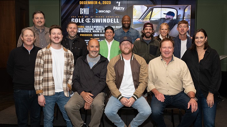 Back Row: BMI’s Mason Hunter, Zach Crowell, Jesse Frasure, BMI’s Shannon Sanders, Thomas Rhett, BMI’s Leslie Roberts, Ashley Gorley. Front Row: BMI’s Clay Bradley, BMI’s Josh Tomlinson, Mark D. Sanders, Cole Swindell, Tim Nichols, BMI’s MaryAnn Keen.