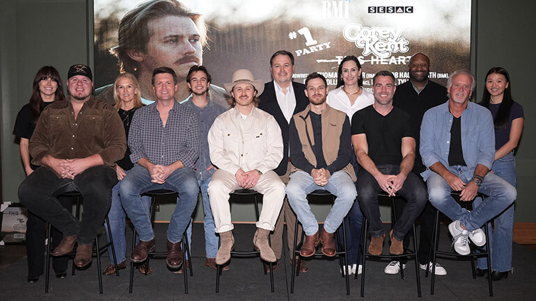 Photo Back Row L-R: BMI’s Claire Dodelin, BMI’s Leslie Roberts, BMI’s Jackson Kiger, BMI’s Mason Hunter, BMI’s MaryAnn Keen, BMI’s Shannon Sanders, BMI’s Lilly Brown; Photo Front Row L-R: Jacob Hackworth (BMI), Thomas Archer (BMI), Corey Kent (BMI), Michael Tyler (SESAC), Blake Bollinger (SESAC), Chris Farren (Producer).