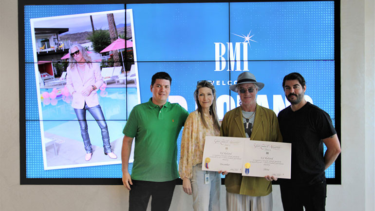 BMI’s Strategy & Business Affairs, Creative John Ellwood, BMI’s VP, Creative Samantha Cox, Million-Air recipient Ed Roland and BMI’s Senior Director, Creative Tim Pattison at BMI’s NYC offices on June 17, 2024.