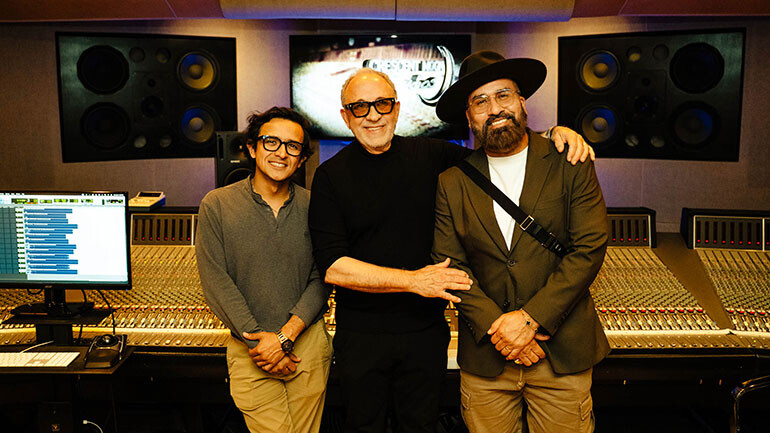 (L-R) BMI’s Robertocarlos Carranza, Emilio Estefan and BMI’s Jesus Gonzalez at Crescent Moon Studios.