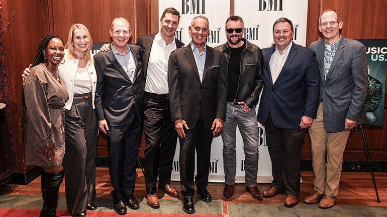 (L to R): BMI executives Lyndsey McFail, Liz Fischer, Clay Bradley, Michael Collins and BMI’s CEO & President Mike O’Neill, pose with Eric Church and BMI’s Mason Hunter and Dan Spears after “BMI Presents an Evening with Eric Church” in DC on March 26, 2025.