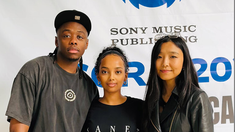 Sony Music Publishing’s Zaza Kazadi and Nasra Artan, and BMI’s Anu Gantumur attend the Sony Music Publishing Masterclass and Workshop powered by Spotify, presented by BMI and Native Instruments in Accra, Ghana on January 9, 2025.