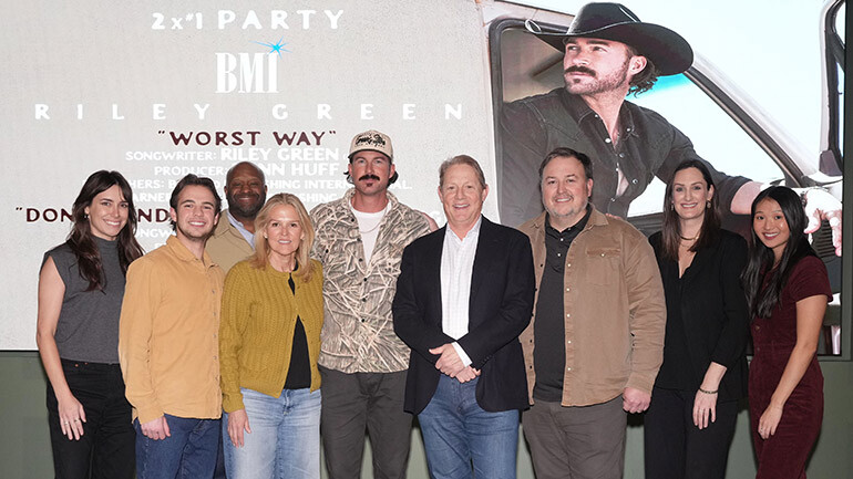 Photo (L-R): BMI’s Nashville Creative team Claire Dodelin, Jackson Kiger, Shannon Sanders, Leslie Roberts, Riley Green (BMI), Clay Bradley, Mason Hunter, MaryAnn Keen, Lilly Brown.