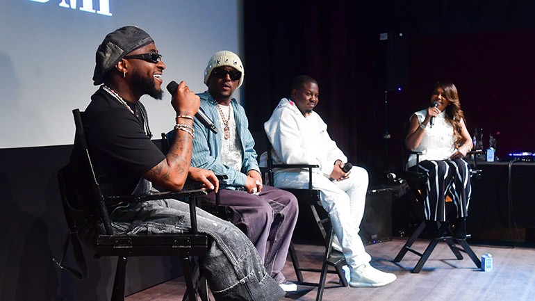 Davido, Hit-Boy, D’Mile and BMI’s Catherine Brewton on stage at BMI’s How I Wrote That Song – GRAMMY Edition at The London West Hollywood in Los Angeles, CA on February 2, 2024.