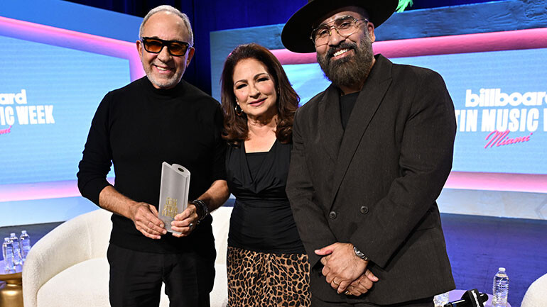 (L-R) Emilio Estefan, Gloria Estefan, and BMI’s Jesus Gonzalez during the “Icon Q&A” at Billboard Latin Music Week held at The Fillmore Miami Beach on October 22, 2025.