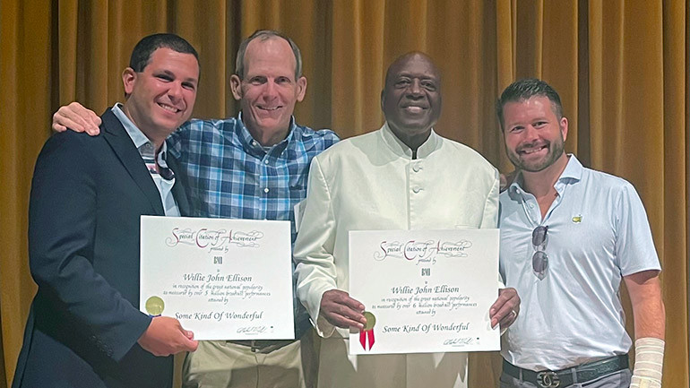 Celebrating the 6 million performances of BMI songwriter John Ellison’s iconic song “Some Kind of Wonderful at the 2024 ISHA Conference at the Greenbrier Resort are (L to R): Illinois Hotel & Lodging Association CEO and ISHA Board Chair Michael Jacobson, BMI’s Dan Spears, BMI songwriter John Ellison, Georgia Hotel & Lodging Association Director of Governmental Affairs & Membership, and ISHA Board Vice Chair Chris Hardman.