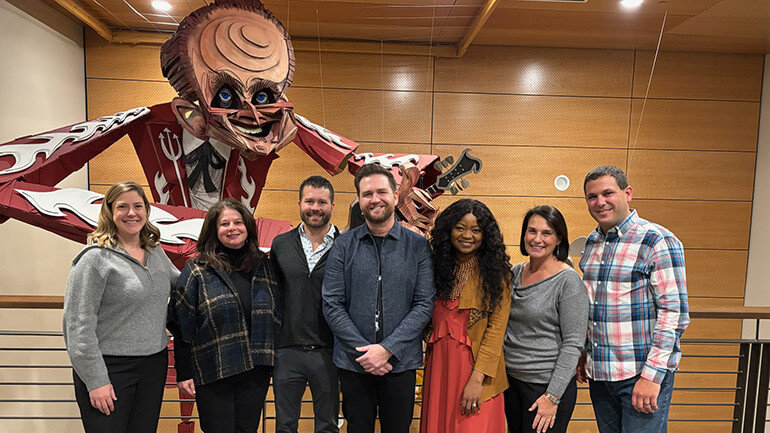 Before Ruby and Sam took the stage: BMI’s Audrey Eller and Jessica Frost, ISHA Board 1st Vice-Chair & Georgia Hotel & Lodging Association Director of Governmental Affairs & Membership Chris Hardman, BMI songwriters Sam Ashworth and Ruby Amanfu, ISHA Executive Director Christina Pappas, and ISHA Board Chair & Illinois Hotel & Lodging Association President & CEO Michael Jacobsen.