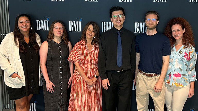 (L-R) Director of Alumni Relations and Interim Director of Development Nisha Chauhan-McGrath, Portfolio Manager for Entertainment Studies Sydney Schaefer, BMI’s Tracy McKnight, scholarship recipient Jiawei Shen, BMI’s Louie Stephens, and Portfolio Director for Entertainment Studies Erin Kaufman Gabrieloff at the BMI Los Angeles office on Wednesday, August 20, 2025.