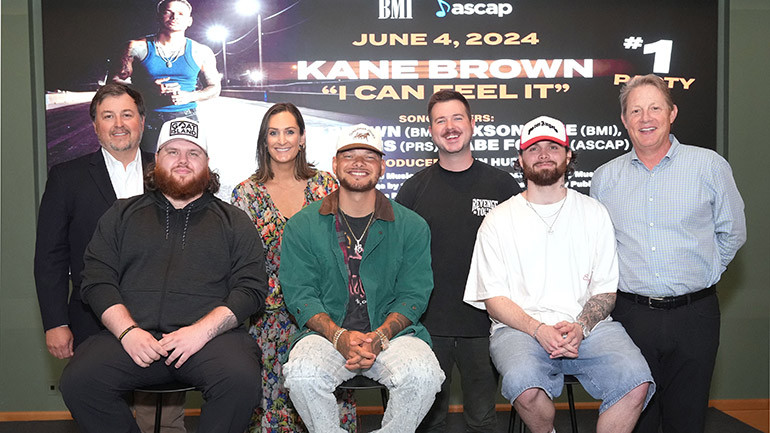 Photo L-R Back Row: BMI’s Maston Hunter, BMI’s MaryAnn Keen, BMI’s Josh Tomlinson, BMI’s Clay Bradley; Front Row: Gabe Foust (ASCAP), Kane Brown (BMI), Jaxson Free (BMI).