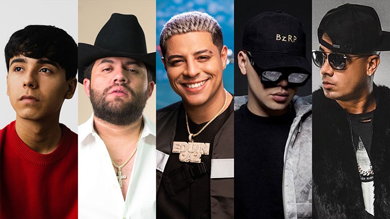 (L-R): Ivan Cornejo, Luis R. Conriquez, Eduin Caz of Grupo Firme, Bizarrap and Wisin.