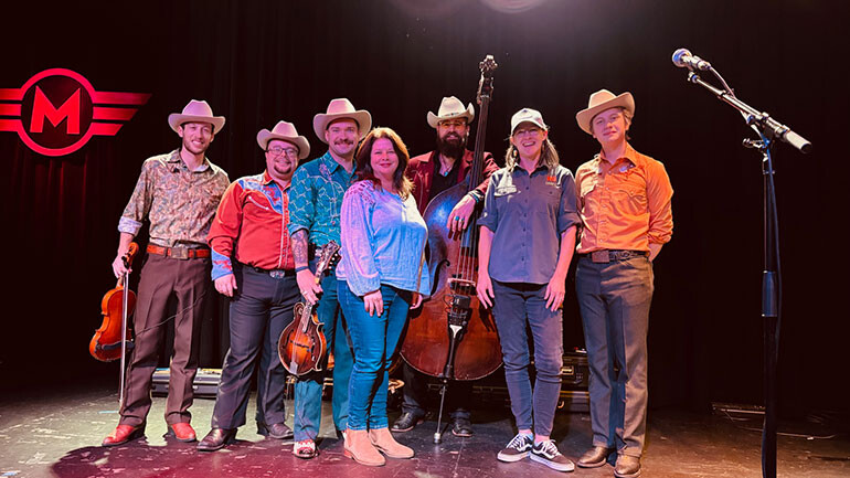 Taken after the show (L-R) : The Po’ Ramblin Boys Max Silverstein, Jereme Brown, C.J. Lewandowski, BMI’s Jessica Frost, The Po’ Ramblin’ Boys Jasper Lorentzen, North Carolina Craft Brewers Guild Executive Director Lisa Parker, and The Po’ Ramblin’ Boys Jon Gooding.