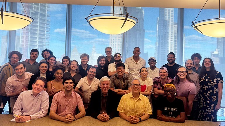 (Front L-R) Will Wegner, Charlie Romano, BMI’s Senior Director, Musical Theatre Patrick Cook, Workshop Administrator Rick Freyer, LySaundra Janeé, (back L-R): Ed Horan, Nathan Fosbinder, Will Healy, Veronica Leahy, Asher Muldoon, Schuyler Press, Maria Wirries, Bellamy Richardson, Caitlin Thomas, Joel Chapman, Will Buck, Tom Stuart, Fermin Suero, Jr., Miguel Sutedjo, Brandon Jackson Baird, Selene Quiroga, Darius M. Buckley, Garrett Zuercher, Arri Lawton Simon, Jack Richman, Andy Roninson, Sean McVerry, and Janine McGuire at the BMI Lehman Engel Musical Theater Workshop’s annual “Spotlight” on June 15th at BMI’s headquarters in New York City.
