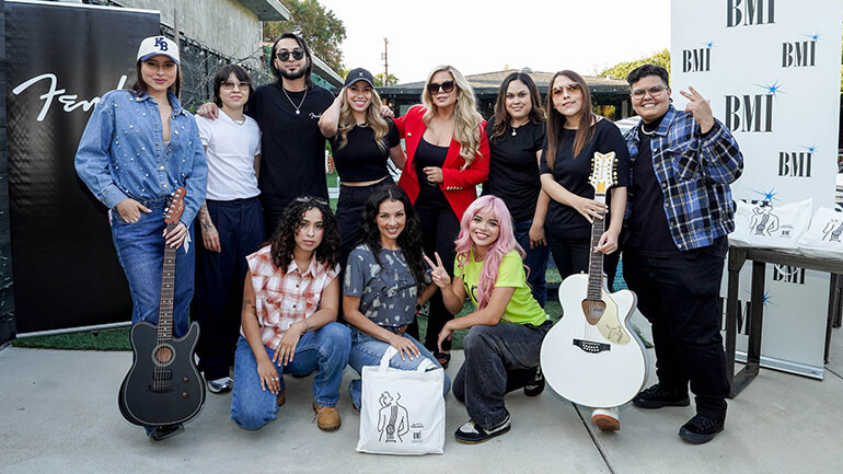(L-R, top) Paulina B, Michelle Maciel, Fender’s Gabriel Madera, Karen Moon, Erika Vidrio, BMI’s Lilibeth Patron, Amanda Coronel, Celimar, (L-R, bottom) Ashlee Valenzuela, Lupita Infante, and Delilah at BMI’s Las Compositoras+ Song Camp on August 12, 2025, in Valley Village, CA.