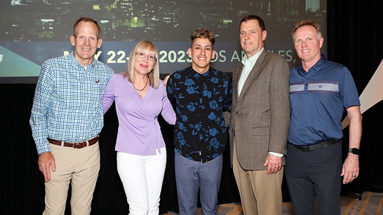 Pictured before BMI songwriter J Rythm began his set at the Media Financial Management Association Annual Conference in Hollywood (L to R): BMI’s Dan Spears, Beasley Media Group CFO and MFM Conference co-chair Marie Tedesco, BMI songwriter J Rythm, MFM CEO Joe Annotti,  Hubbard Radio EVP/CFO and MFM Board Chair Dave Bestler.
