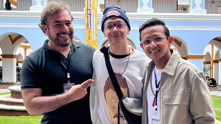 (L-R) Francisco Páez, Kontra Marín, and BMI’s RC Carranza gather for a photo during the 2024 Centroamérica Mercado Musical at Centro de Formación de la Cooperación Española en La Antigua Guatemala, on June 17, 2024.