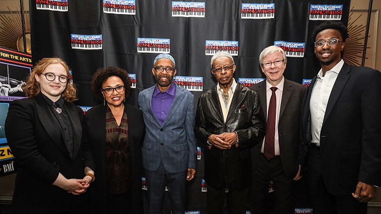 Pictured (L-R): BMI Foundation Representative Susan Bywaters, NEA Chair Dr. Maria Rosario Jackson, 2023 NEA Jazz Master Kenny Garrett, 2023 NEA Jazz Master Louis Hayes, Senior Director of Musical Theatre & Jazz Patrick Cook and 2023 BMI Future Jazz Master Scholarship winner Christian McGhee.