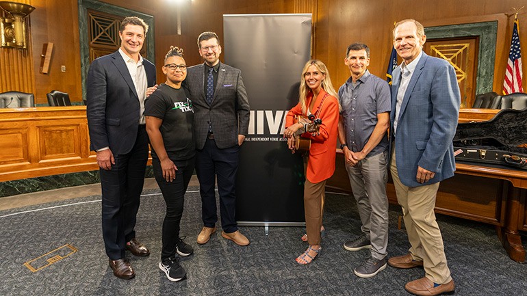 Pictured before BMI songwriter Catie Offerman took the stage at NIVA’s Congressional Reception in Washington, DC (L to R): BMI’s Mike Collins, xBk owner and co-chair of the NIVA PRO Task Force Tobi Parks, NIVA Executive Director Stephen Parker, BMI songwriter Catie Offerman, BMI’s David Levin and Dan Spears.