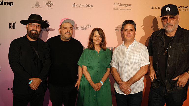 (L-R) BMI’s Jesus Gonzalez, Camilo Lara, BMI’s Tracy McKnight, Tony Morales, and Andres Levin at the NVISION Latino Film & Music Festival on September 5, 2025 at Silverspot Cinema in Miami, FL.