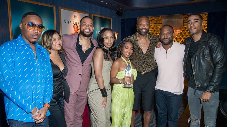 BMI’s Reggie Stewart and Marche Butler, Christian McCurdy, BMI’s Christopher Scott-Wallace, the evening’s honoree Nija Charles, and BMI’s Wardell Malloy, Byron Wright and Jared Lane pose at the BMI Brilliance Dinner at The Fleur Room in Los Angeles, CA on June 24, 2023.