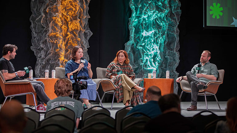 BMI’s Timothy Pattison moderates <em>Noise Canceling: How Artists Are Breaking Through in the Attention Economy</em>, presented by BMI with panelists Spotify’s Talia Kraines, 77th Wave’s Erika Montes, and Believe Music Publishing’s Brandon Haas at Ohio University’s Music Industry Summit on April 16, 2026. <em>Photo courtesy of Ohio University.</em>