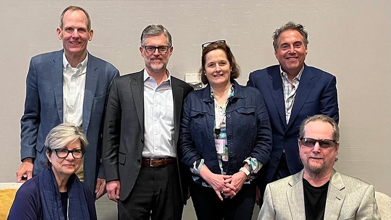 Pictured after BMI songwriter Roger McGuinn is interviewed at the RAB Winter Board Meeting in Orlando (L to R): Sitting: RAB CEO Erica Farber, BMI songwriter Roger McGuinn of The Byrds. Standing: BMI’s Dan Spears, Townsquare Media COO Erik Hellum, Hubbard Radio CEO and BMI Board Member Ginny Morris, Connoisseur Media CEO and RAB Board Chair Jeff Warshaw.