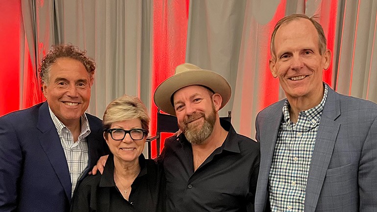 Pictured before BMI songwriter Kristian Bush speaks to members of the Radio Advertising Bureau Board at their recent meeting in Nashville (L to R): Connoisseur Media CEO and RAB Board Chair Jeff Warshaw, RAB CEO Erica Farber, BMI songwriter Kristian Bush, BMI’s Dan Spears.