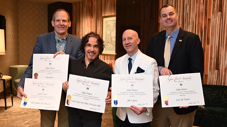 Pictured after BMI’s Dan Spears presented BMI songwriter John Oates with Million Air Awards for 5 of his biggest Hall & Oates’ hits (L to R): BMI’s Dan Spears, BMI songwriter John Oates, Restaurant Association of Maryland CEO Marshall Weston, Ledo Pizza’s Chief Marketing Officer and Restaurant Association of Maryland Board Chair Will Robinson.