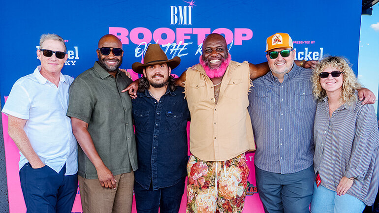 Photo L-R: BMI’s Clay Bradley, BMI’s Shannon Sanders, Bryan Martin (BMI), Pynk Beard (BMI), BMI’s Mason Hunter and BMI’s Nina Carter pose at BMI’s Rooftop On The Row® series in Nashville.