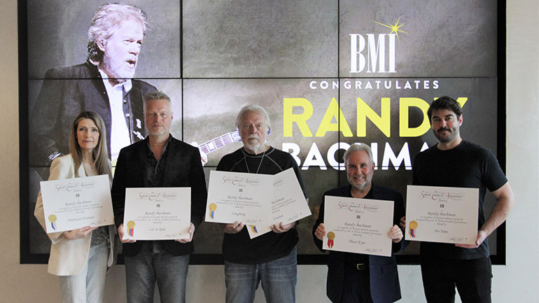 BMI’s VP, Creative, New York Samantha Cox, Tal Bachman, Million-Air Award recipient Randy Bachman, Fred Croshal and BMI’s Senior Director, Creative, New York Tim Pattison at BMI’s NYC offices on May 22, 2024.
