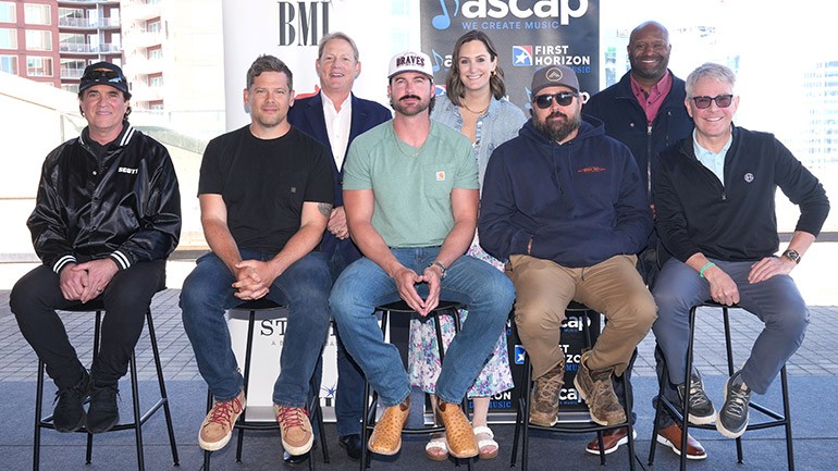 Back Row (L-R): BMI’s Clay Bradley, BMI’s MaryAnn Keen, BMI’s Shannon Sanders; Front Row (L-R): Exec. Producer/Big Machine Label Group’s Scott Borchetta, Randy Montana (BMI), Riley Green (BMI), Jonathan Singleton (ASCAP), Exec. Producer/Nashville Harbor Records & Entertainment's Jimmy Harnen.